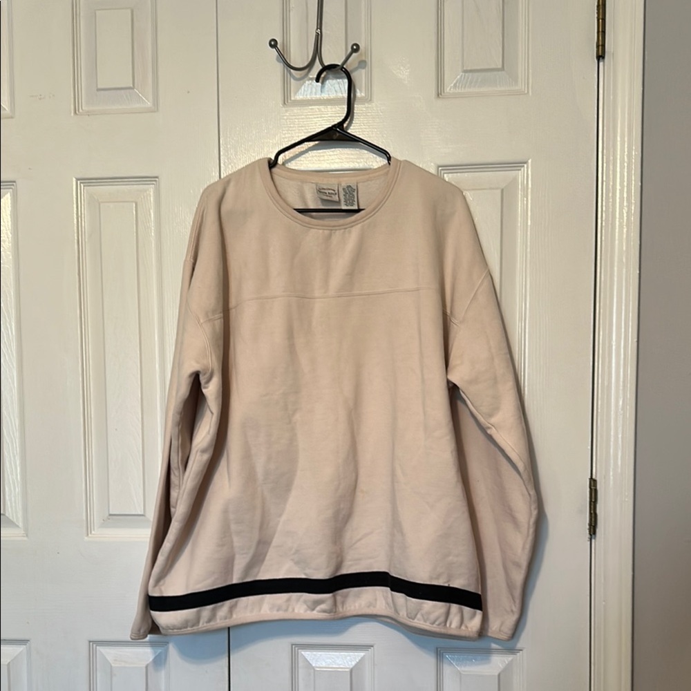 Cream and Black Crewneck Sweater with Ribbed Trim